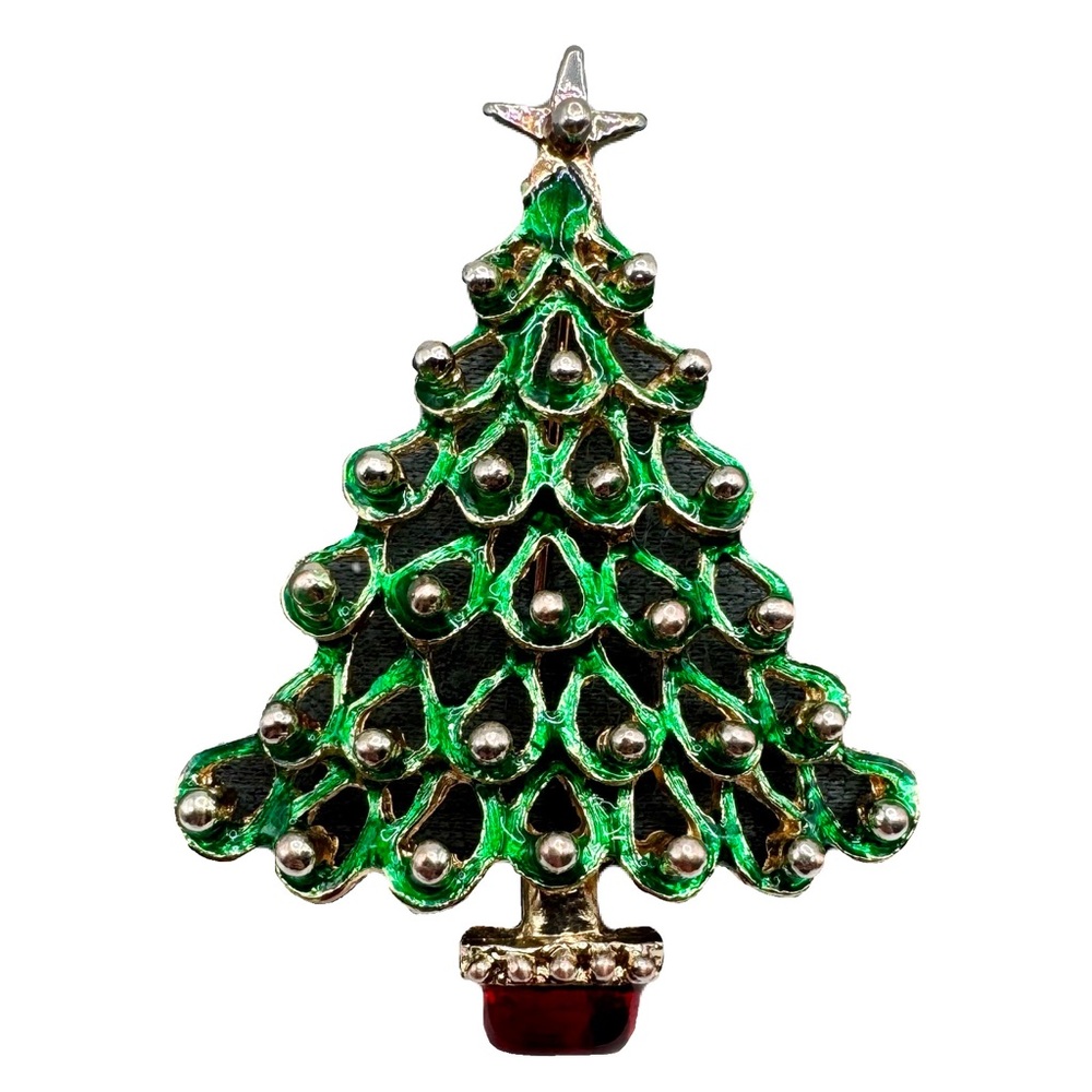 Vtg Green Enamel Christmas Tree Pin Brooch w Gold Balls & Star in Red Enamel Pot
